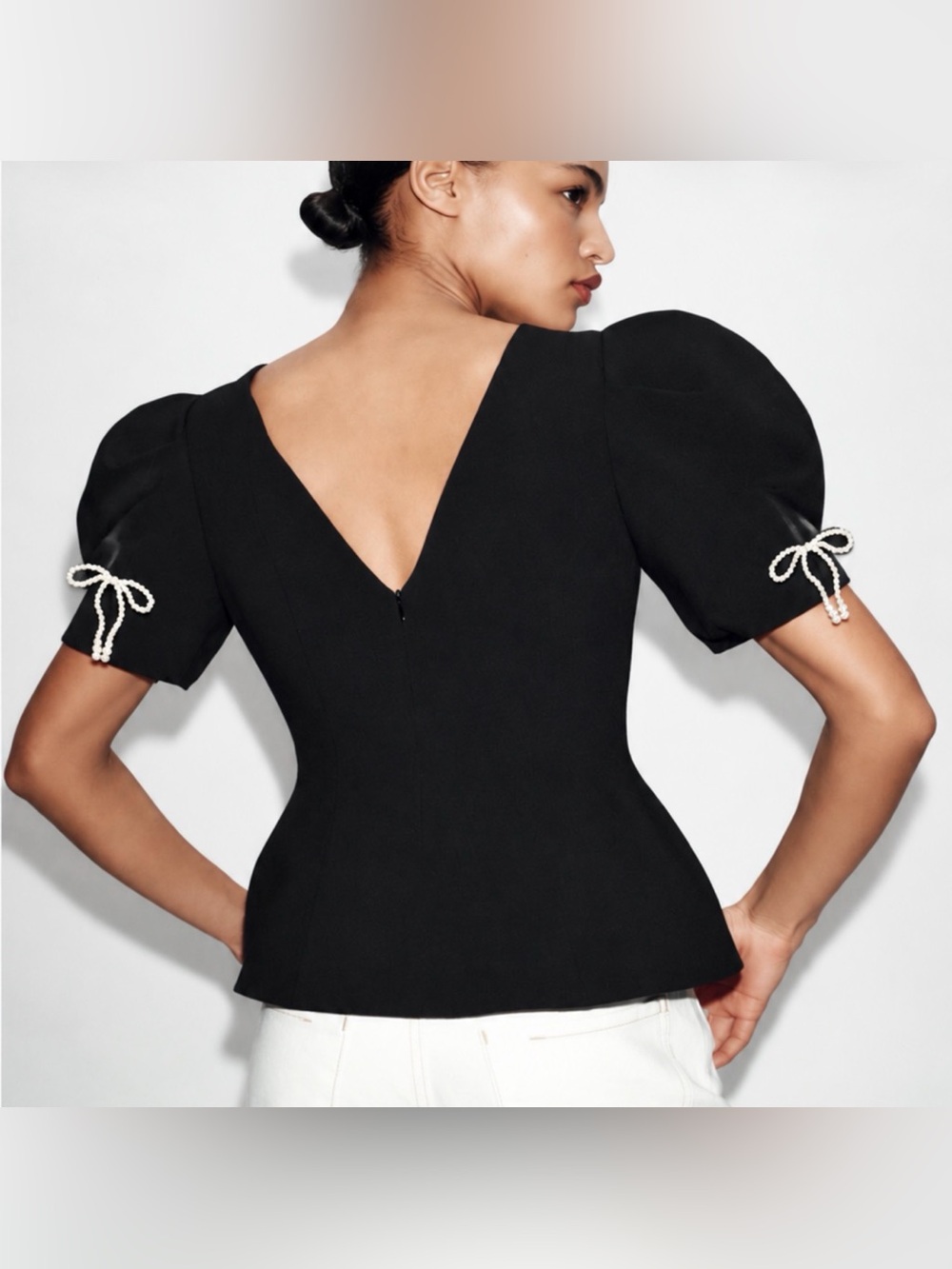 Zara Black Puff-Sleeve Peplum Top with Pearl Tie Detail